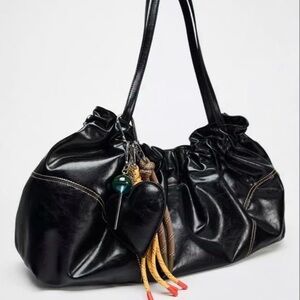 Zara Black Glossy Shoulder Bag with Charms